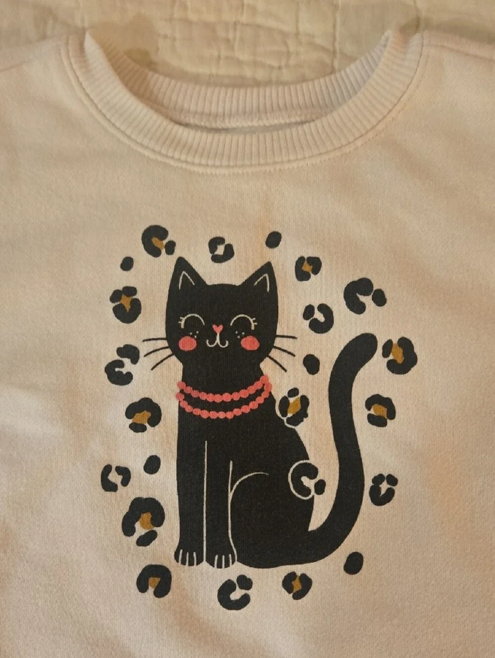 Kids White Sweatshirt with Black Cat Graphic - Cute Pink Detail